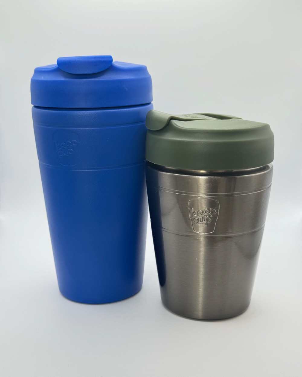 Blue and steel KeepCup travel mugs